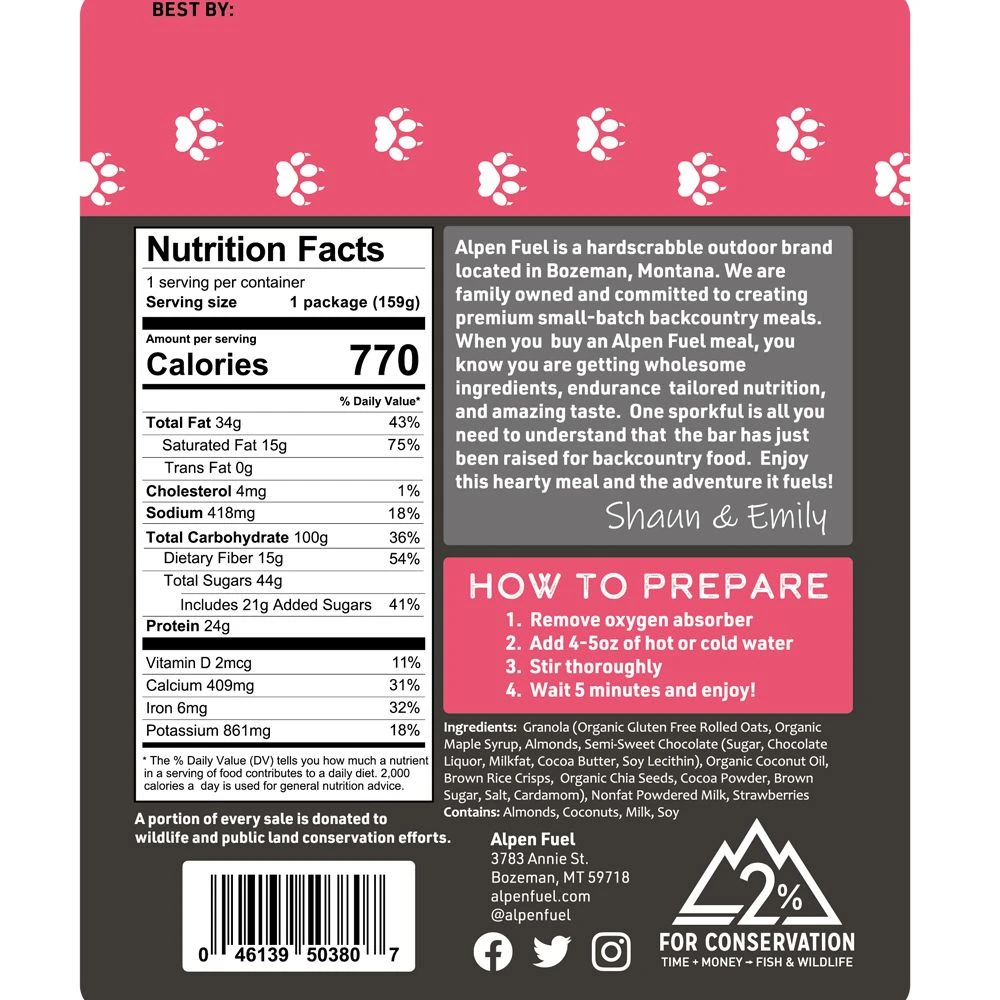 Alpen Fuel Chocolate Strawberry Granola Breakfast Backpacking Meal 2 Alpen Fuel Chocolate Strawberry Granola Breakfast Backpacking Meal - Image 2