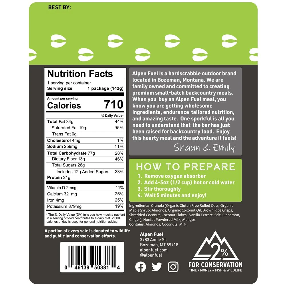 Alpen Fuel Coconut Mango Granola Breakfast Backpacking Meal 2 Alpen Fuel Coconut Mango Granola Breakfast Backpacking Meal - Image 2