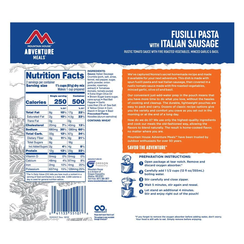 Mountain House Fusilli Pasta With Italian Sausage Adventure Meal 2 Mountain House Fusilli Pasta With Italian Sausage Adventure Meal - Image 2