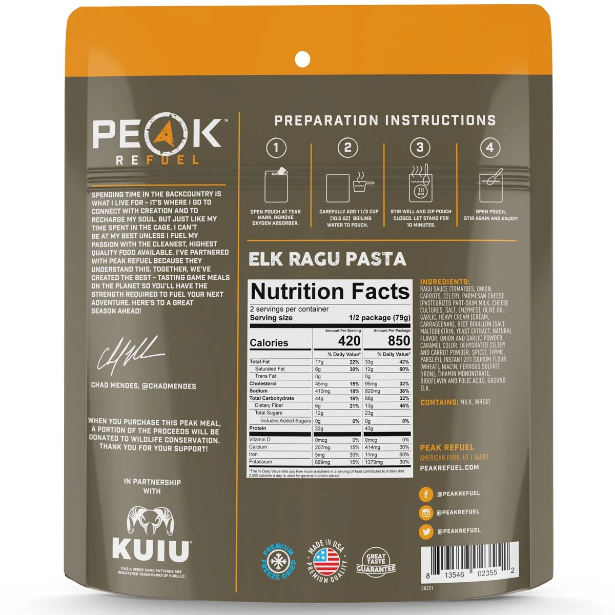 Peak Refuel Elk Ragu Pasta Chad Mendes Signature Meal Pouch 2 Peak Refuel Elk Ragu Pasta Chad Mendes Signature Meal Pouch - Image 2